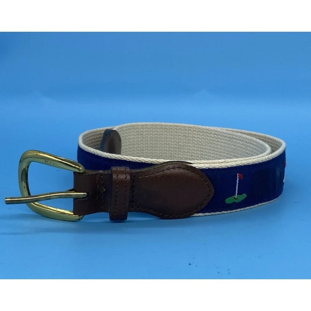 Lady Canterbury Belt Blue Golf Ribbon on White Cotton Web w/ Leather Tabs. Sz36